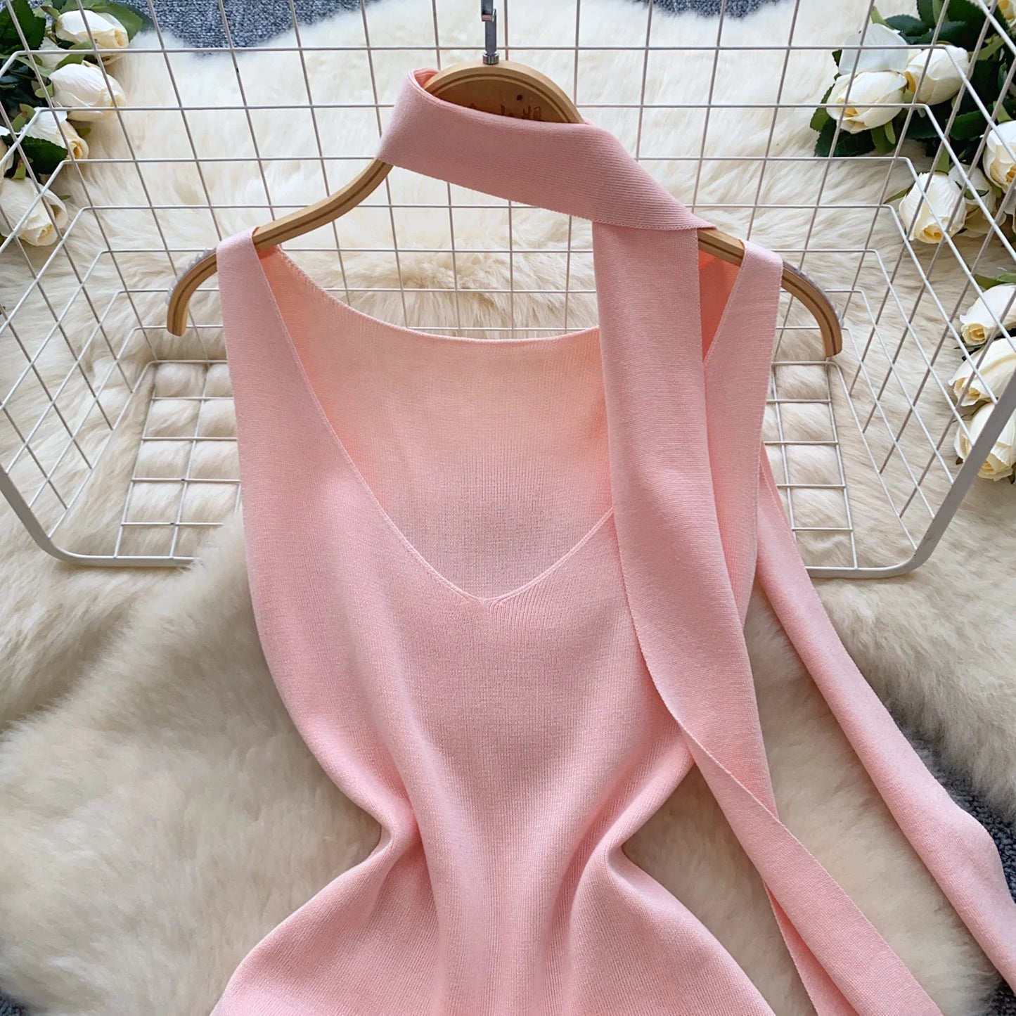 Sexy V-Neck Knitted Mini Dress for Women Elegant Spaghetti Strap Ribbon Slim Dresses One Piece Solid Female Clothes Autumn New