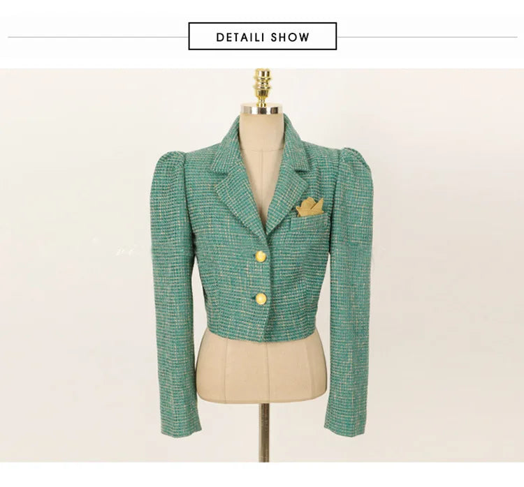 Elegant Temperament Two-Piece Set Tweed for Women Short Blazer Jacket +High Waist Swing Skirt Suits Green Korean Outfits
