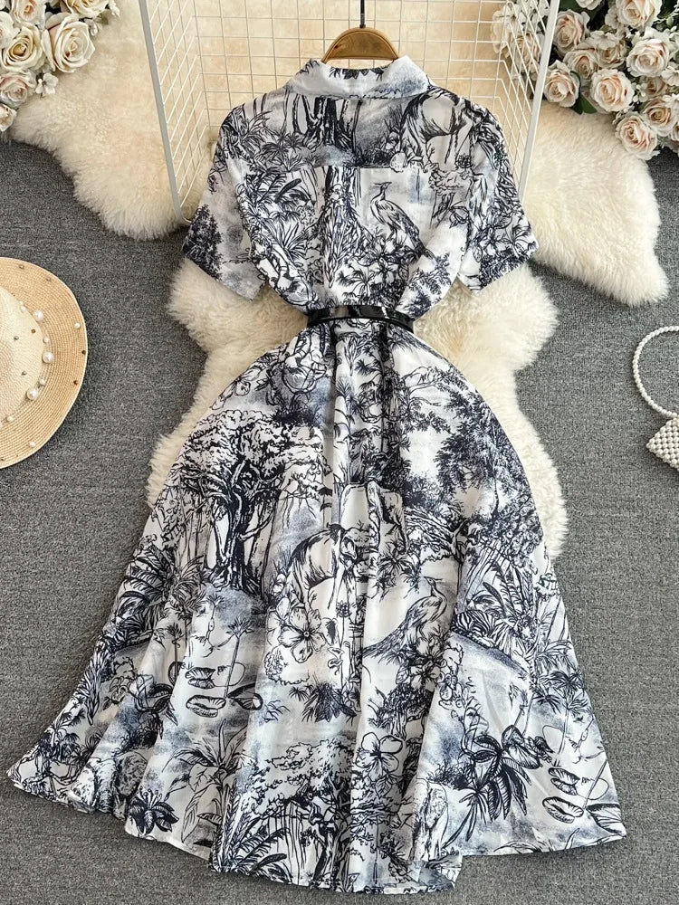 Summer Retro Shirt Dress Women Short Sleeved Lapel Single Breasted A-line Print Long Dresses Ladies Elegant Party Long Robe