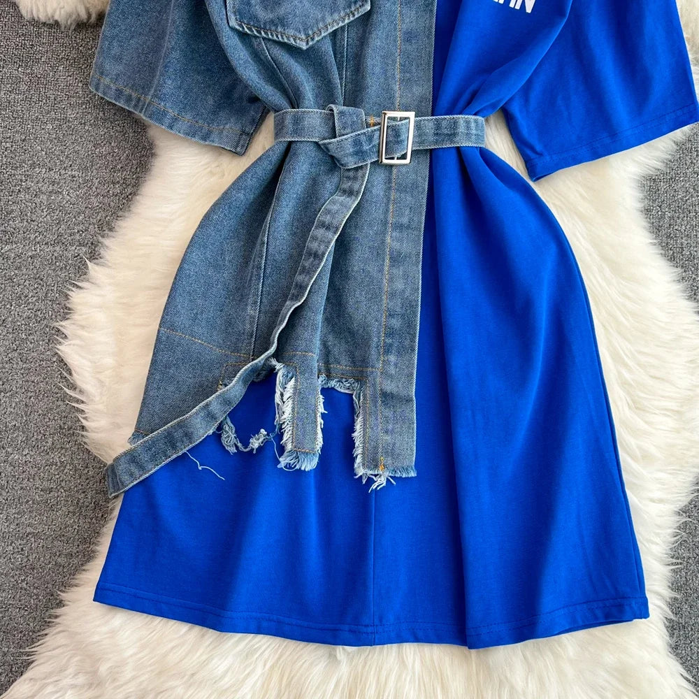 Women Summer Casual T Shirt Short Sleeve Streetwear Patchwork Denim Long Shirts Female O-neck Slim Jeans Tops