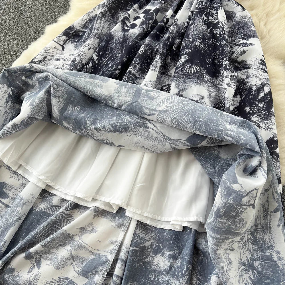 Vintage Tie Dye Print Shirt Dress Women Elegant Summer High Waist Slim A Line Printed Chiffon Long Robe Ladies Casual Long Robe