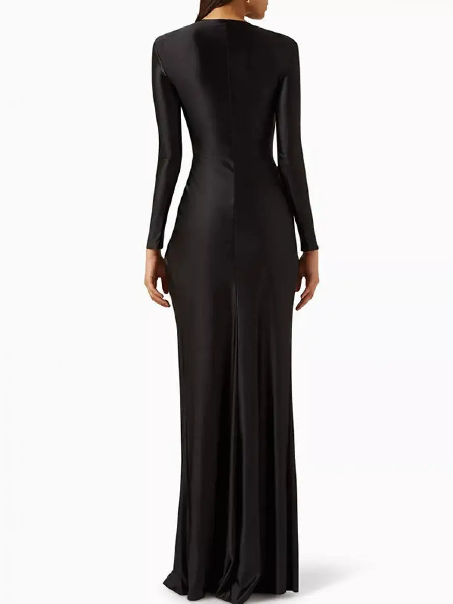 Yeezzi 2024 New Female Tied Waist Deep V-Neck Pleated Prom Banquet Dress Spring Long Sleeves Elegant Party Evening Maxi Dresses