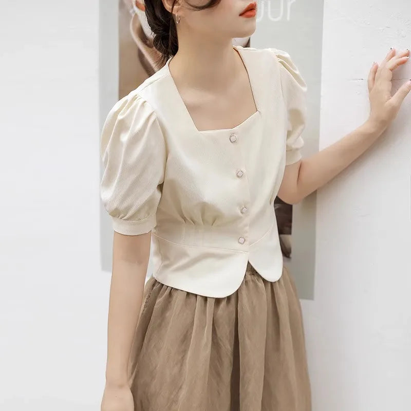 Temperament Short Bubble Sleeve Shirt for Women French Square Neck Elegant Design Office Lady Shirts Summer New Cropped Tops