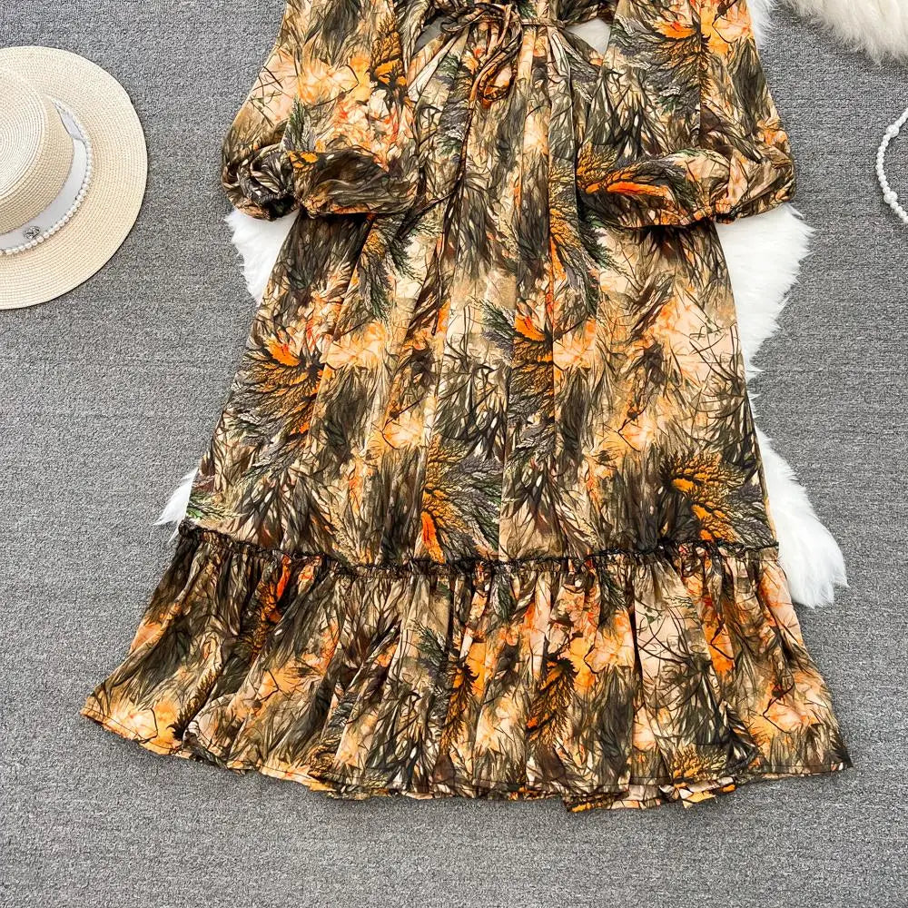 Elegant Casual A-Line Vintage Ruffle Print Long Dress Autumn Lantern Sleeve Party Boho Dresses Beach Holiday Female Vestidos