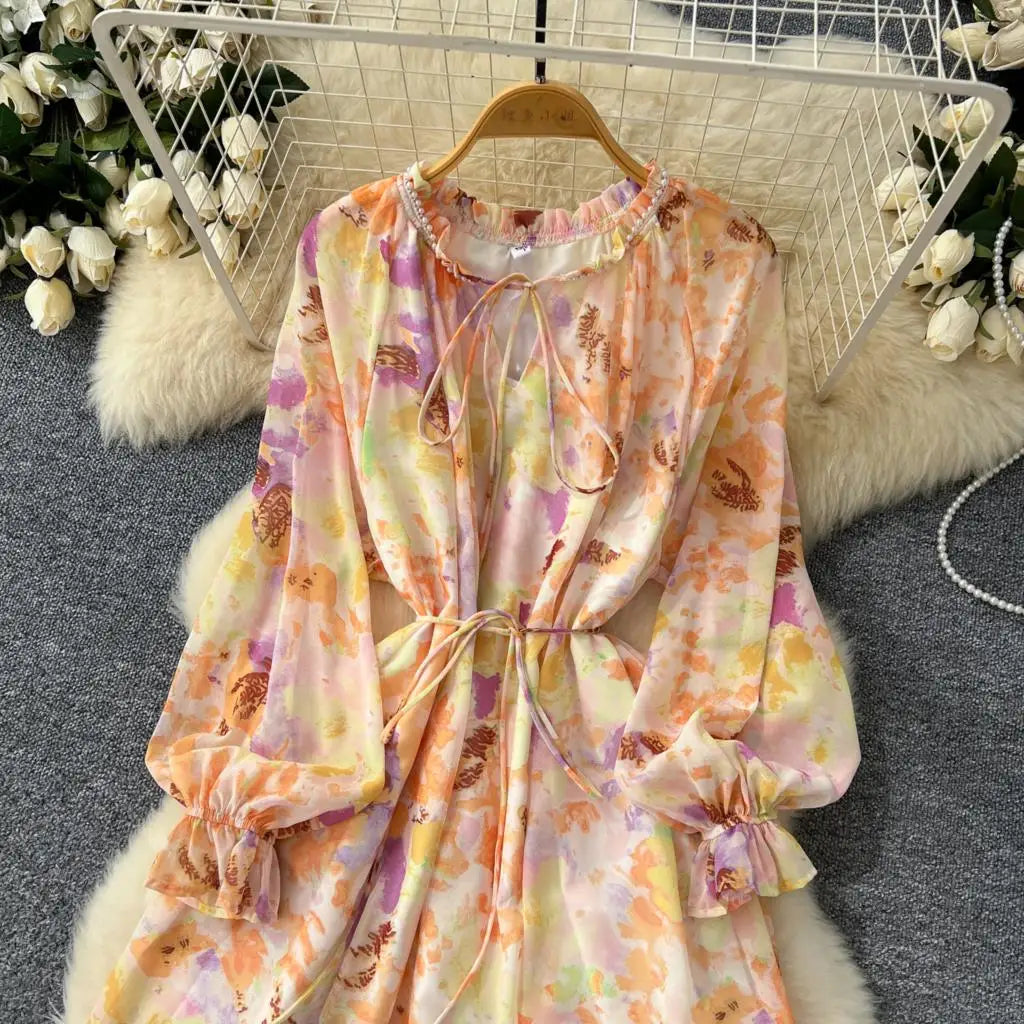 Elegant Floral Print Party Dress for Women French O-Neck Embroidered Flares Lace Up Lantern Long Sleeves Chiffon Long Dresses