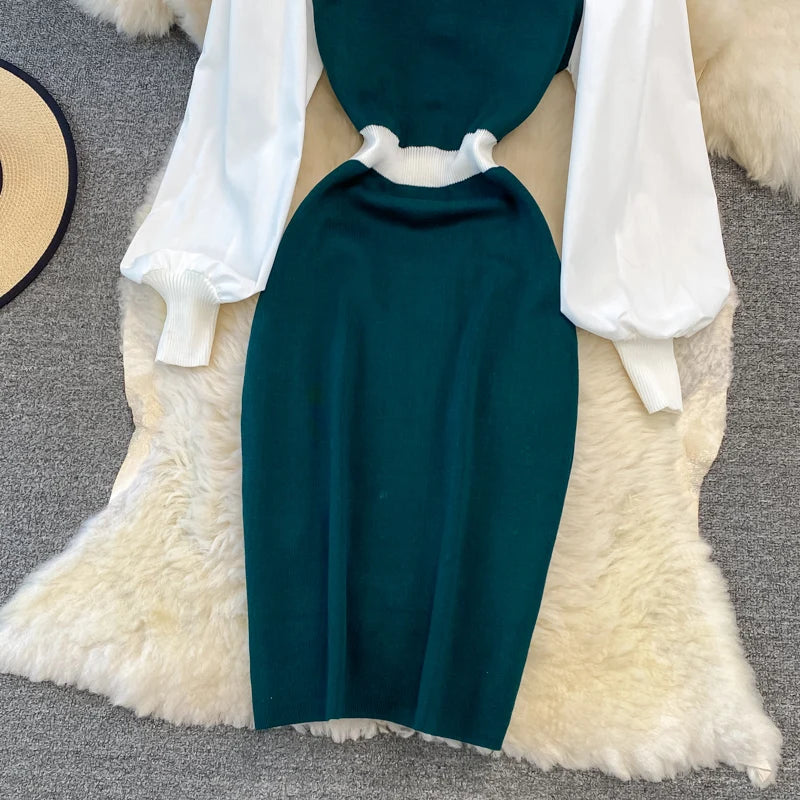 Vintage Elegant Patchwork Square Neck Long Sleeve Knit Dress Casual Women Fashion High Waist Summer Spring Hip Wrap Dress