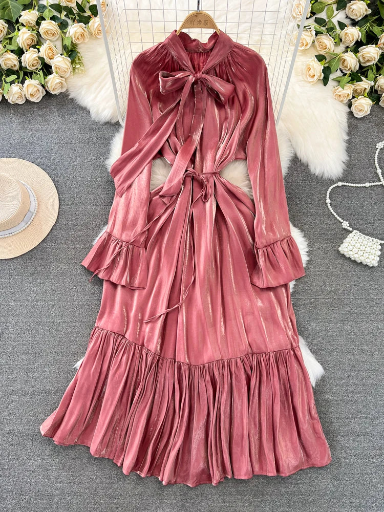 Elegant and Chic Solid Evening Dresses for Women Fashion New Bow Lace Up Flare Long Sleeve A-Line Vestidos Autumn Female Clothes