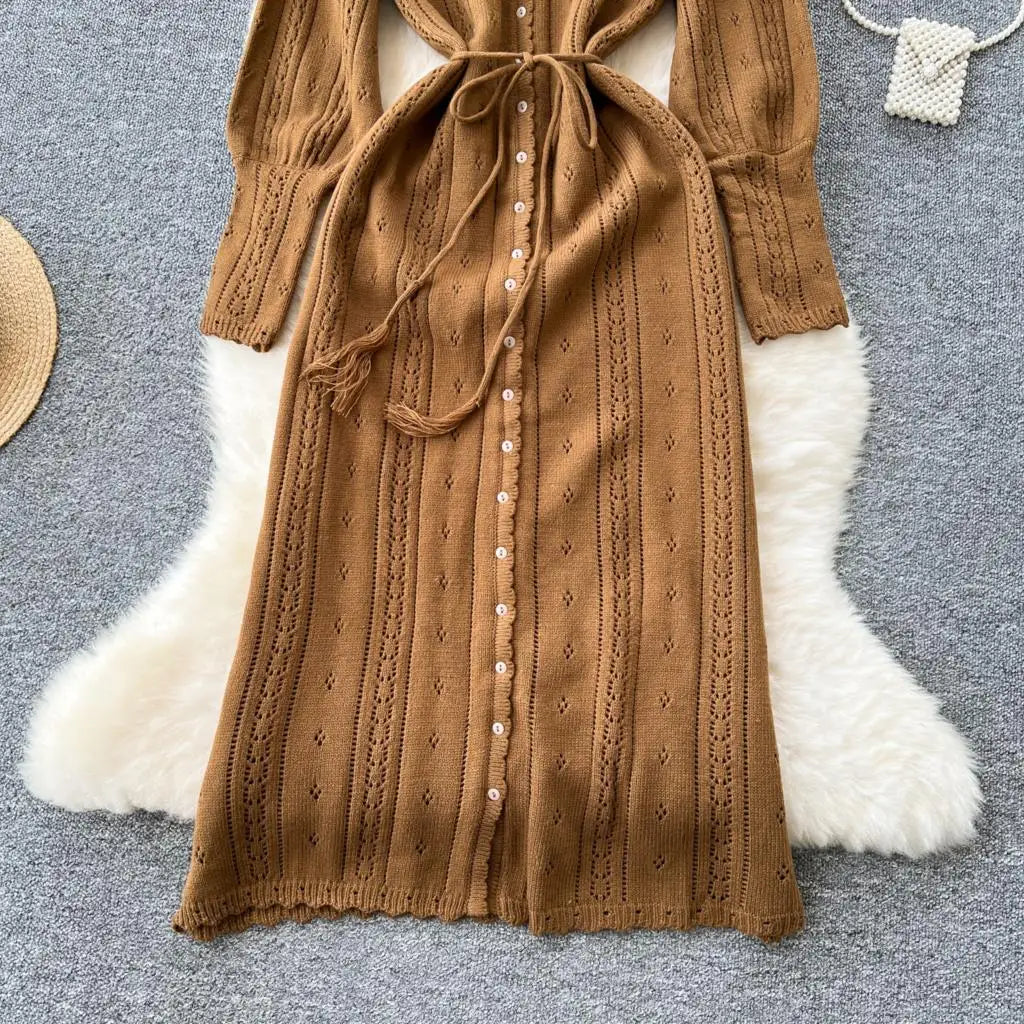 Elegant Autumn Solid Knitted Dresses for Women Sweet Hook Flower Hollow Strap A-line Korean Fashion Casual Vestidos Mujer New