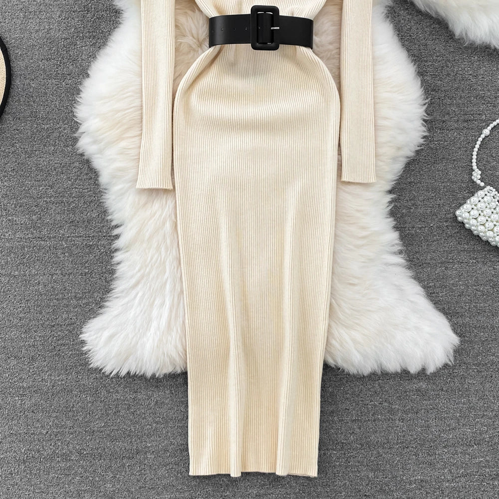 Elegant Turtleneck Long Sleeve Knit Soft Tight Pencil Dress with Belt Slim Fashion Warm Sweater Vestido Sexy Women Winter Robe