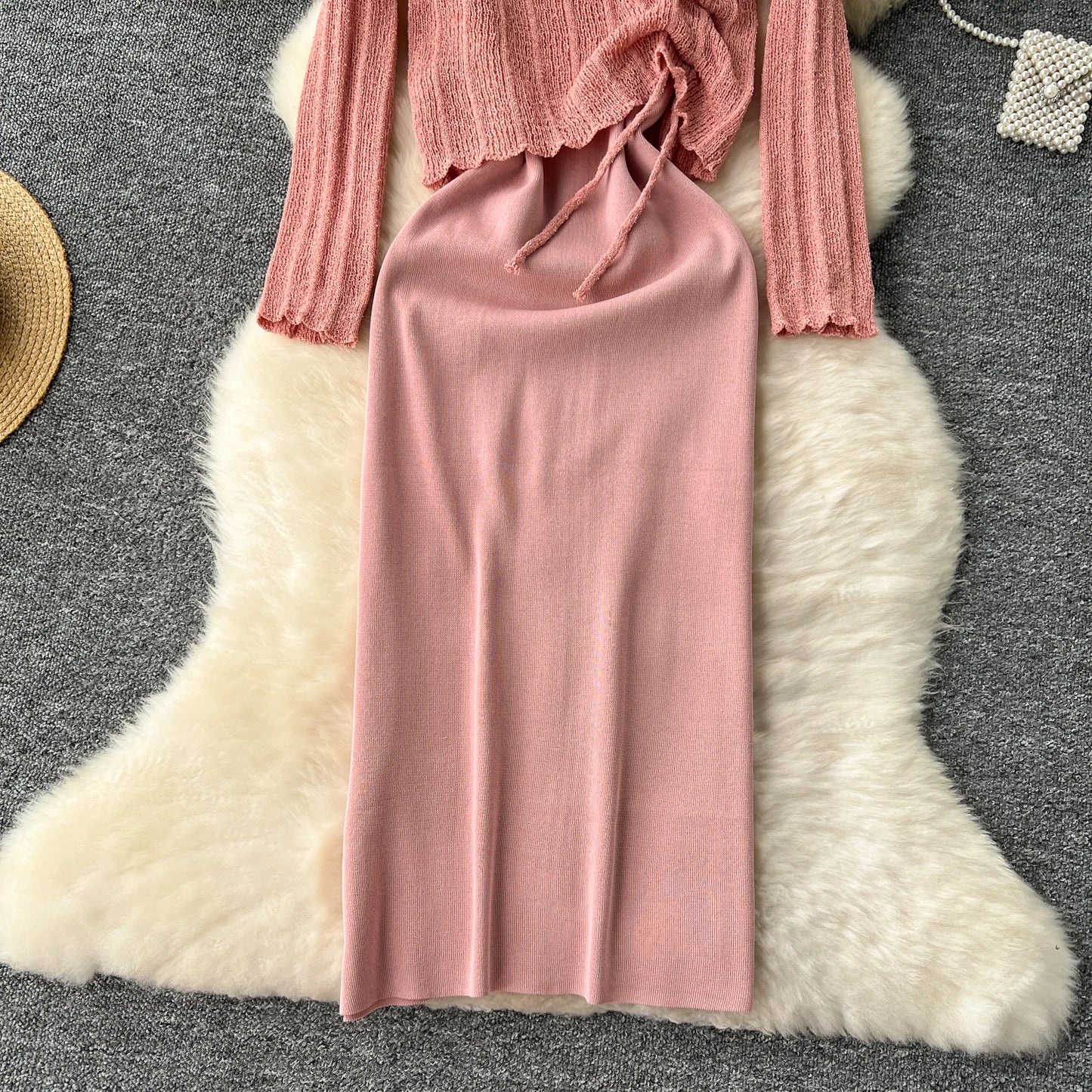 French Vintage Shirring lool sleeve slip knit overcoat with sweet slip A-line Chic Casual Vacation Women Summer dresses