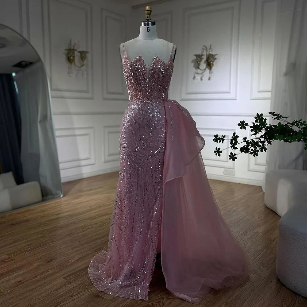 SERENE HILL 2024 Turquoise Spaghetti Strap Luxury Beaded Evening Dresses Mermaid Elegant Overskirt Gown For Women Party GLA72378