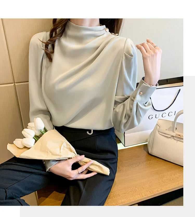 Autumn New Women's Style Stand up Collar Pleated Long Sleeve Top Fashion Lantern Sleeve Loose Elegant Solid Color Shirt Blouse