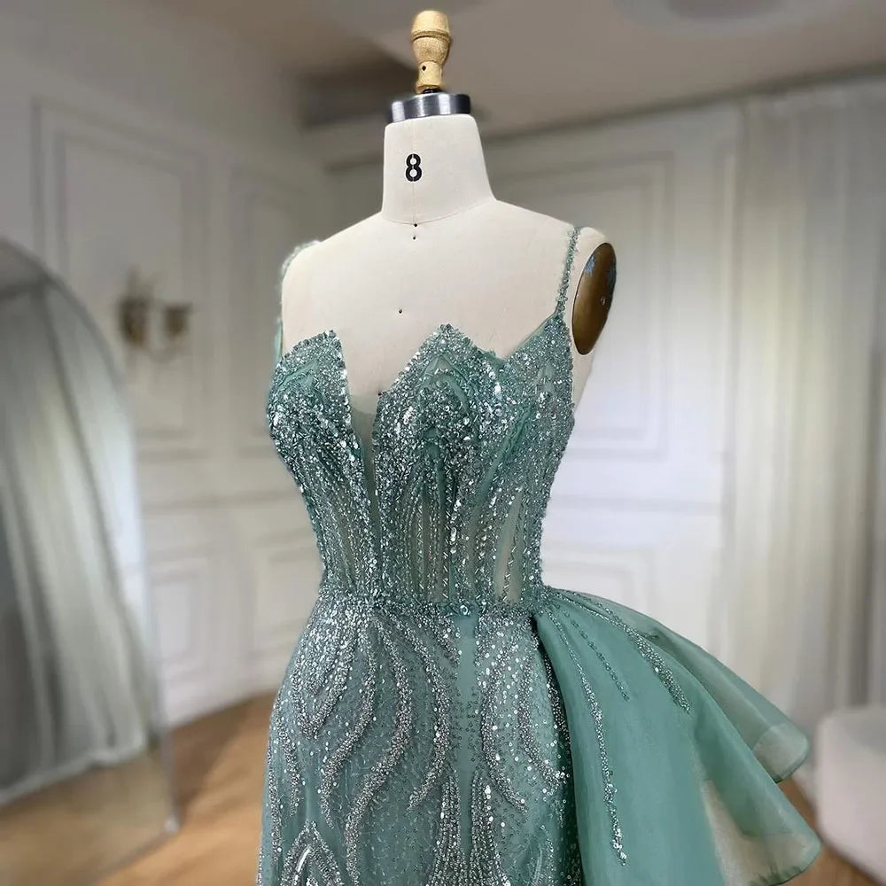 SERENE HILL 2024 Turquoise Spaghetti Strap Luxury Beaded Evening Dresses Mermaid Elegant Overskirt Gown For Women Party GLA72378