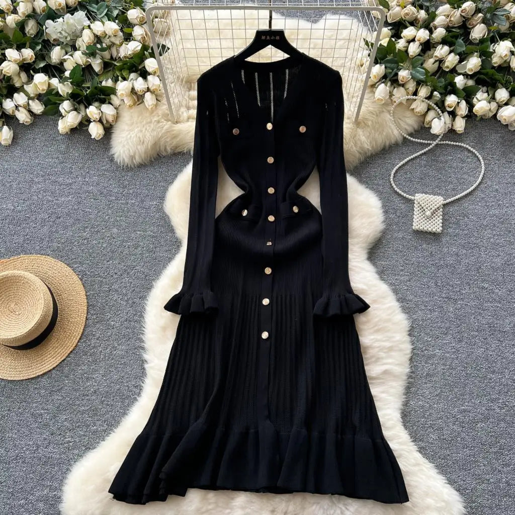 Elegant Women Solid Knitted Dresses Autumn V-Neck Single Breasted Chic Flared Sleeve Ruffles Hem Casual Female Slim Office Robes
