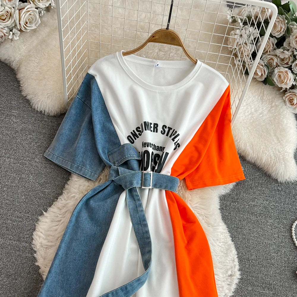 Women Summer Casual T Shirt Short Sleeve Streetwear Patchwork Denim Long Shirts Female O-neck Slim Jeans Tops