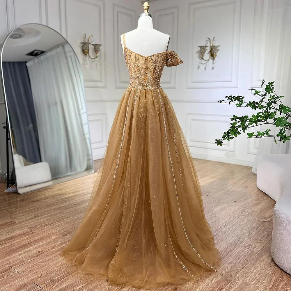 Serene Hill Golden Mermaid Evening Dress With Skirt - Women's Luxury Grey Beaded Spaghetti Strap Party 2024, LA72341