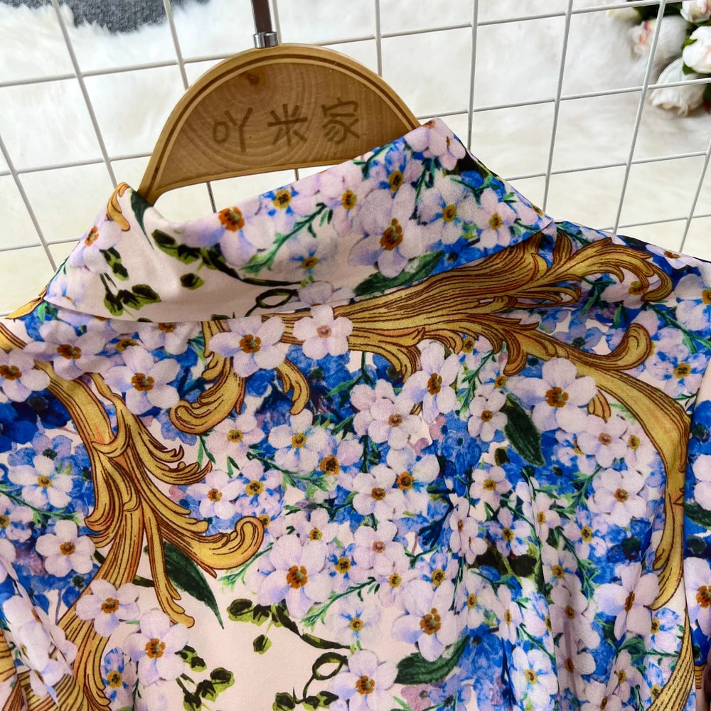 Vintage Print Elegant Lantern Long Sleeve Lapel A-line Dress Casual Women Fashion Autumn Spring Dress