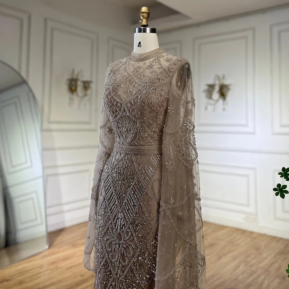 Serene Hill 2024 Muslim Nude Mermaid Elegant Bell Sleeve Beaded Luxury Dubai Long Evening Dress for Formal Occasion LA72316A