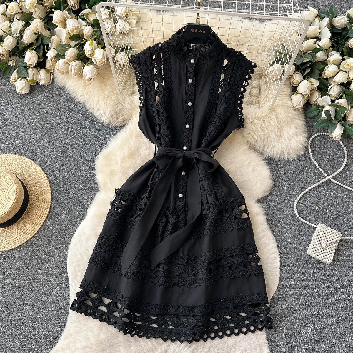 Summer Clothes Dresses For Women 2023 Elegant Vintage Embroidery Lace Dress Sleeveless Stand Neck Button Up Mini Dress With Belt