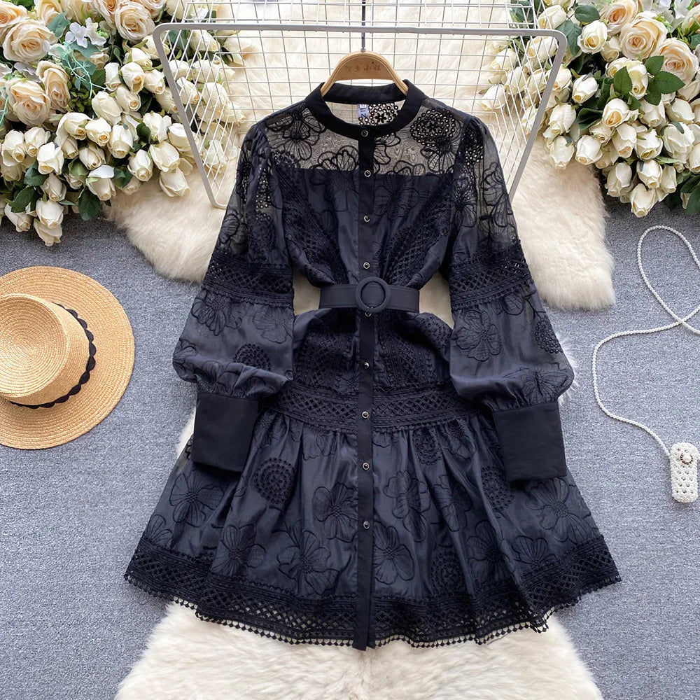 Spring Dresses 2024 Crochet Trim Cutwork Embroidery Mini Holiday Dress Women Stand Collar Long Sleeve Elegant Party Dresses