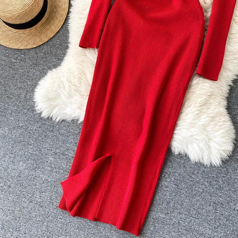 Women Long Sleeve Sexy Bodycon Dress with slit Vintage French Fashion Knit v neck Vestidos Basic Tight Elegant Slim Chic Dresses