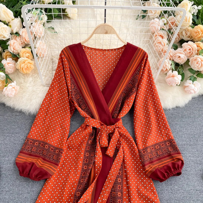 Vintage Print Elegant Puff Sleeve One Piece Dress A-line Lace-up Beach Vacation Midi Dress Women Fashion Spring Autumn Vestidos