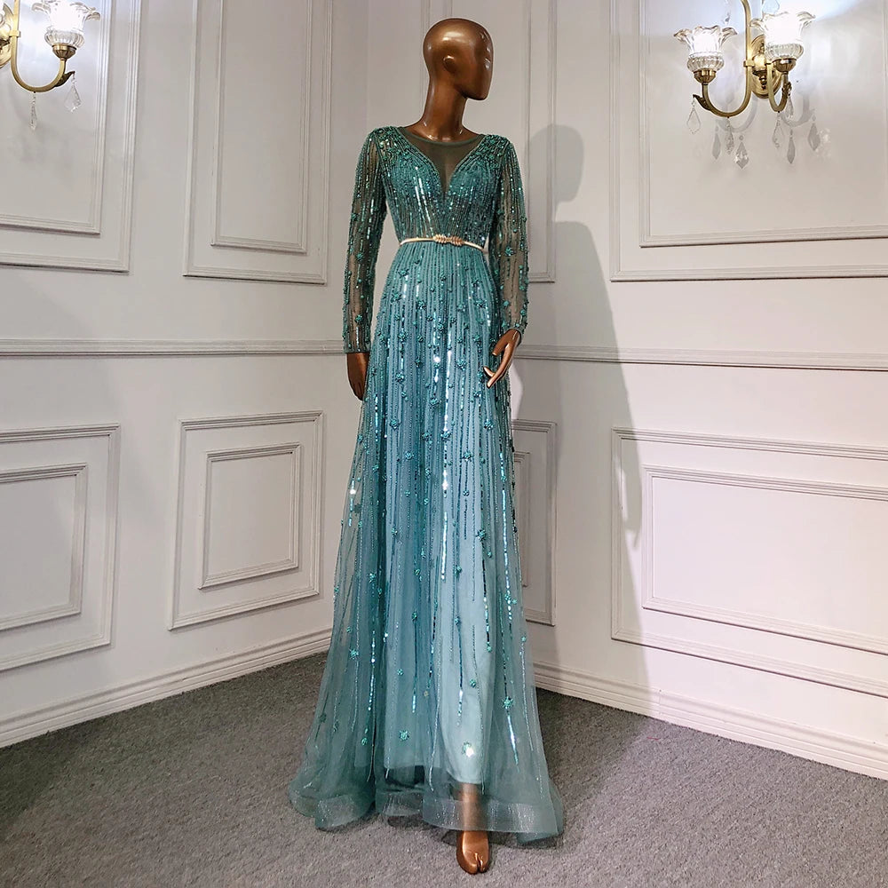 Serene Hill Muslim Gold A-Line Luxury Evening Dresses Gowns 2022 Sparkle Beaded Long Sleeves Sexy For Women Party GLA70674