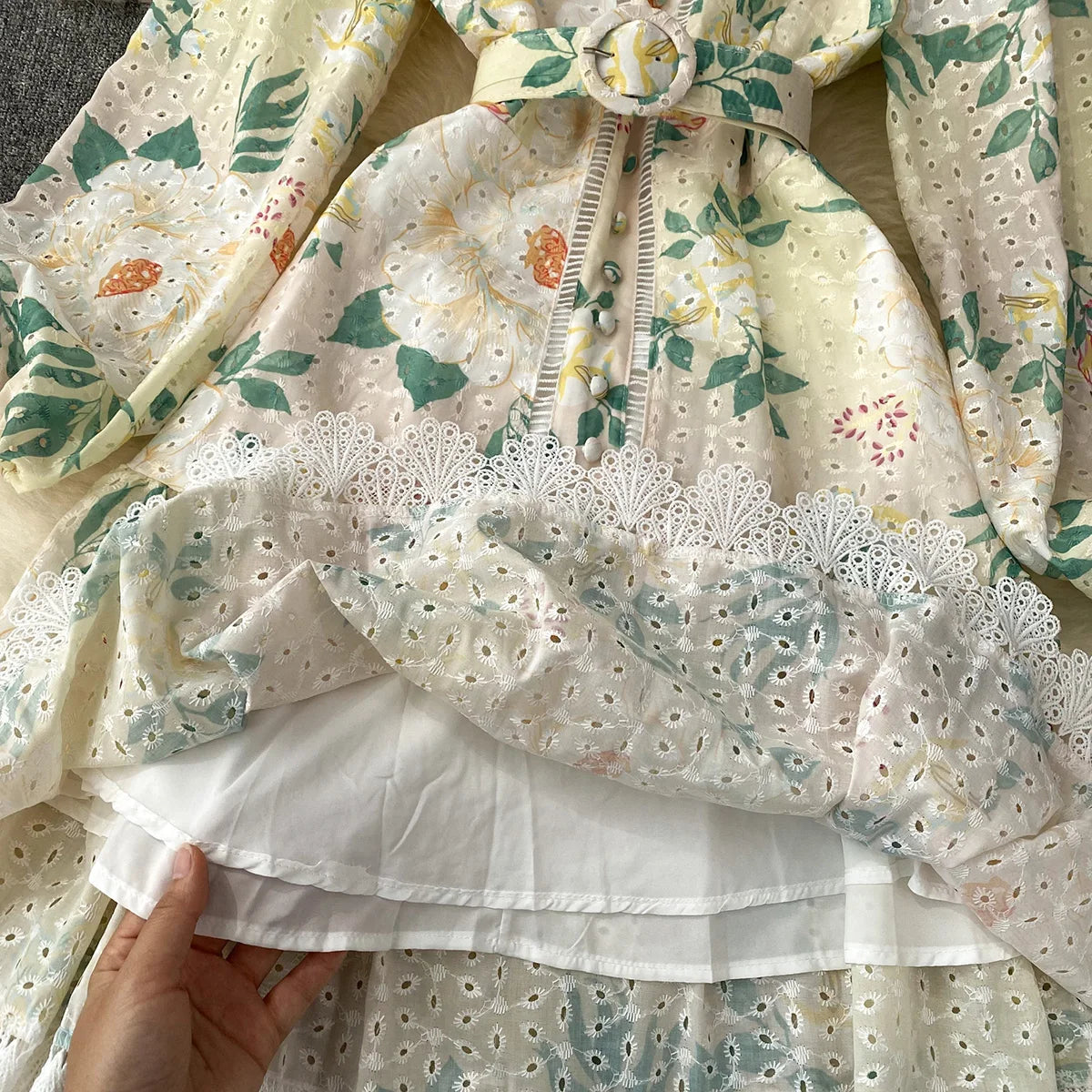Elegant Party Dresses Woman Lace Trim Cutwork Embroidery Vintage Floral Print Dress 2023 New In Long Sleeve Mini Dress With Belt