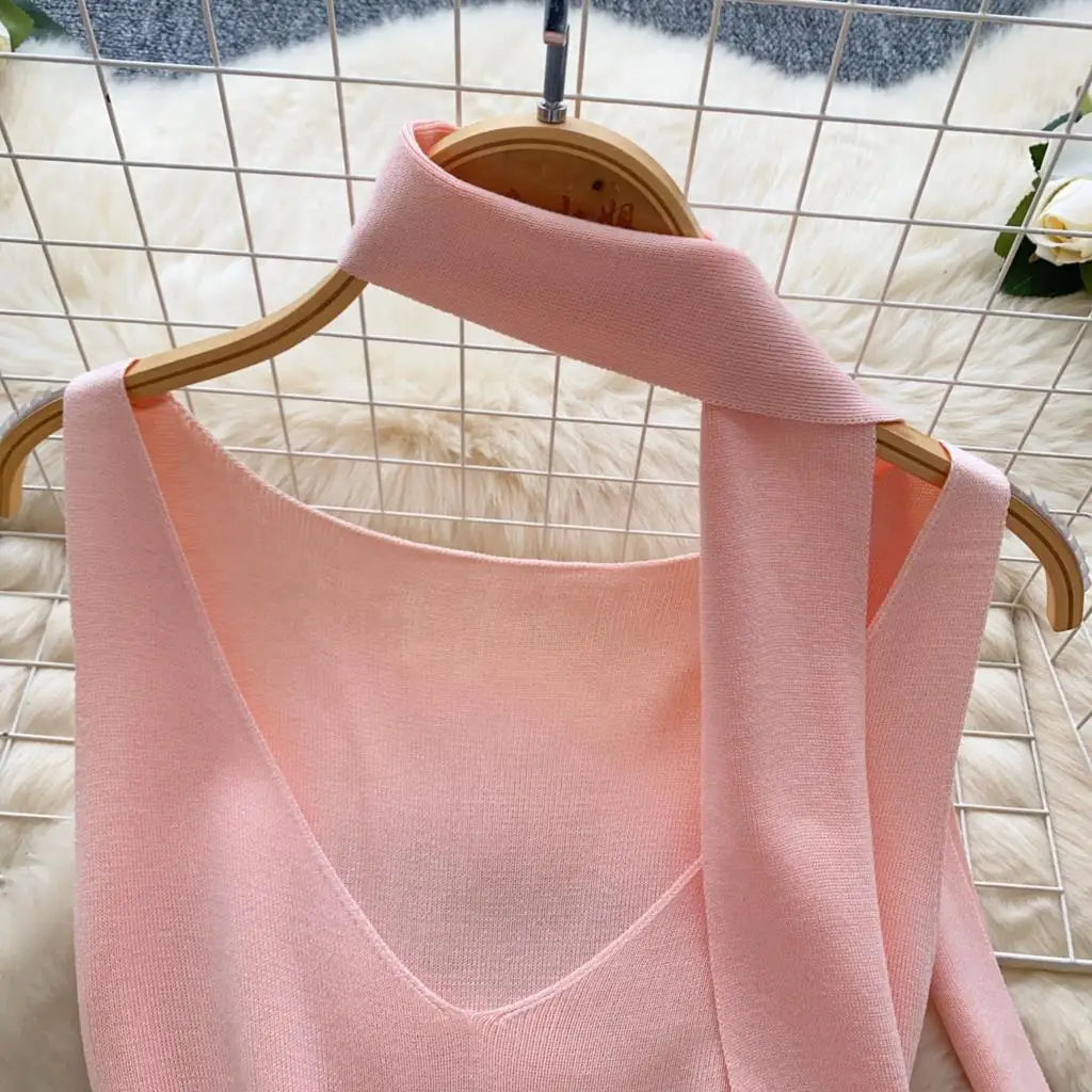 Sexy V-Neck Knitted Mini Dress for Women Elegant Spaghetti Strap Ribbon Slim Dresses One Piece Solid Female Clothes Autumn New