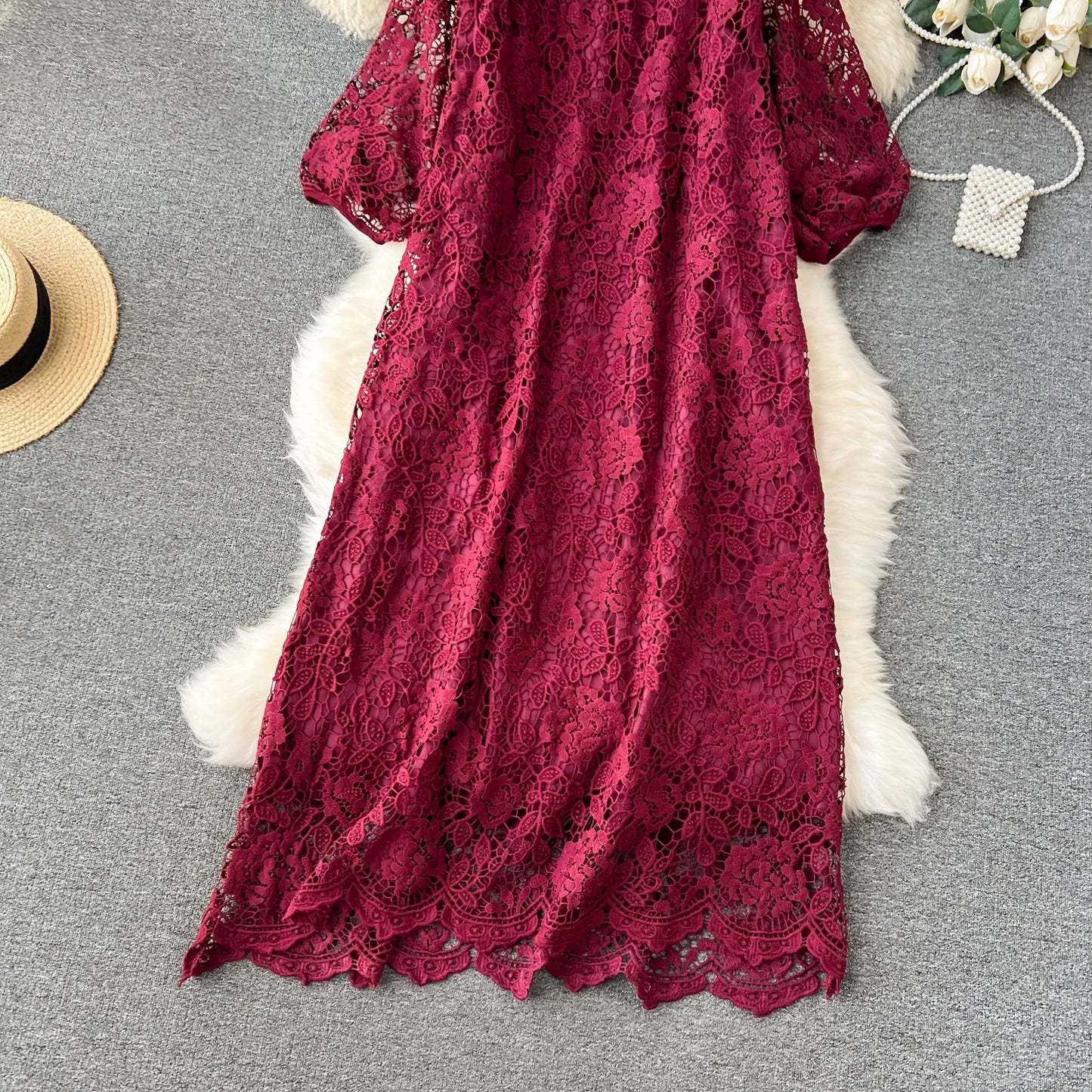 Chic Long Sleeve O Neck Lace Hook Flower Hollow Loose Dress Chiffon A-line Casual Dresses Fashion Women Elegant Vestidos