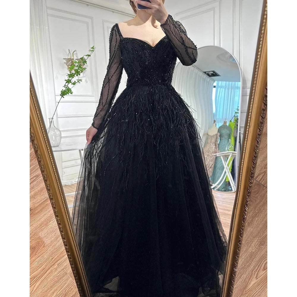 Serene Hill Arabic Red Elegant A Line For Women Long Sleeves Evening Dress Luxury Beaded Handmade Feathers 2024 LA71468