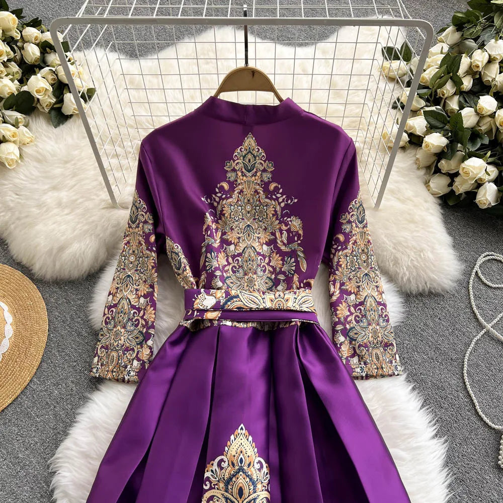 Pinkou Women Elegant Print Maxi Dress Cross V Neck Bow Tie Sashes Three Quarter Sleeve Female Chic Wrap Dresses Vestido QA815