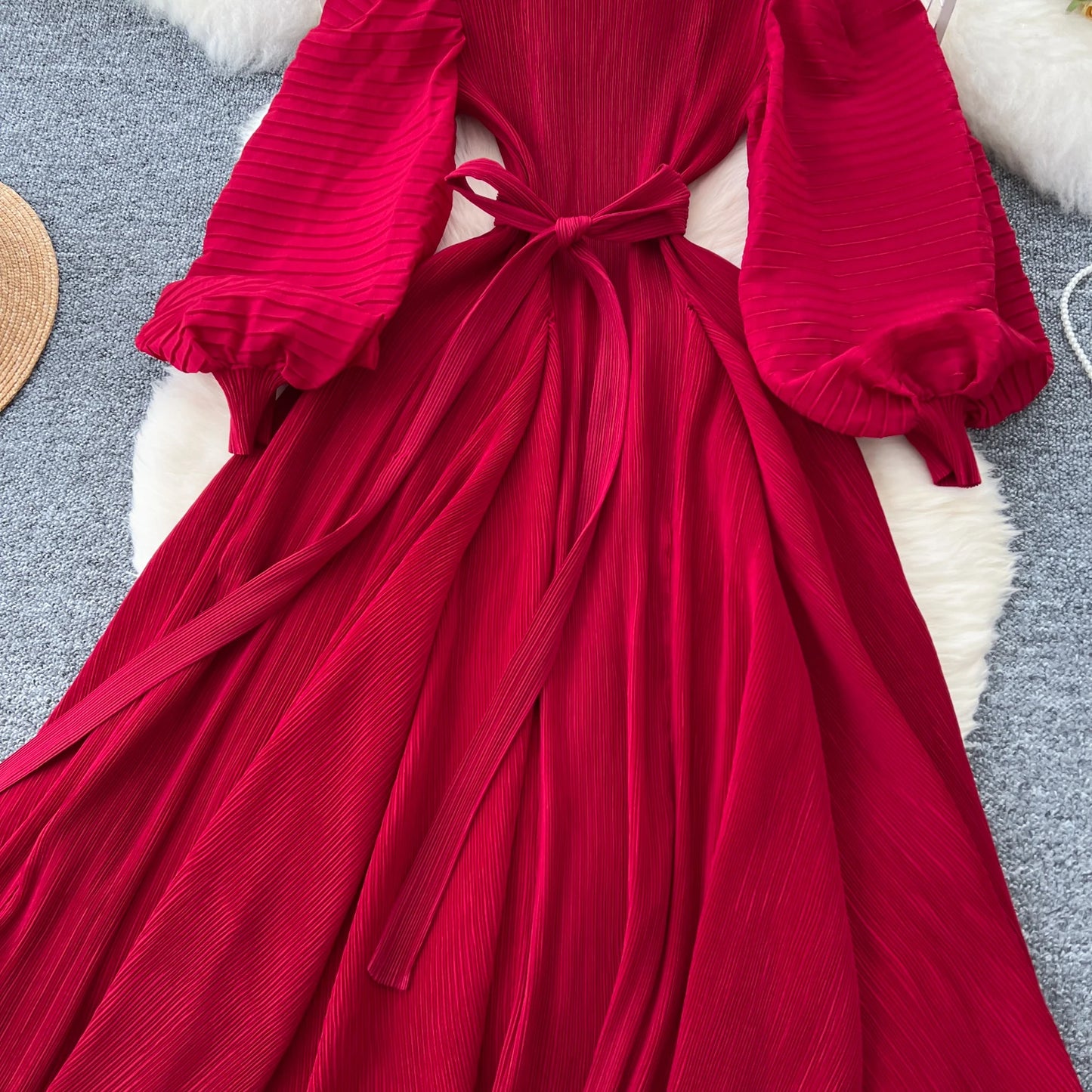 Vintage Elegant Lantern Sleeve Sweet Pleated Dress Women Basics Fashion Summer Spring Dresse