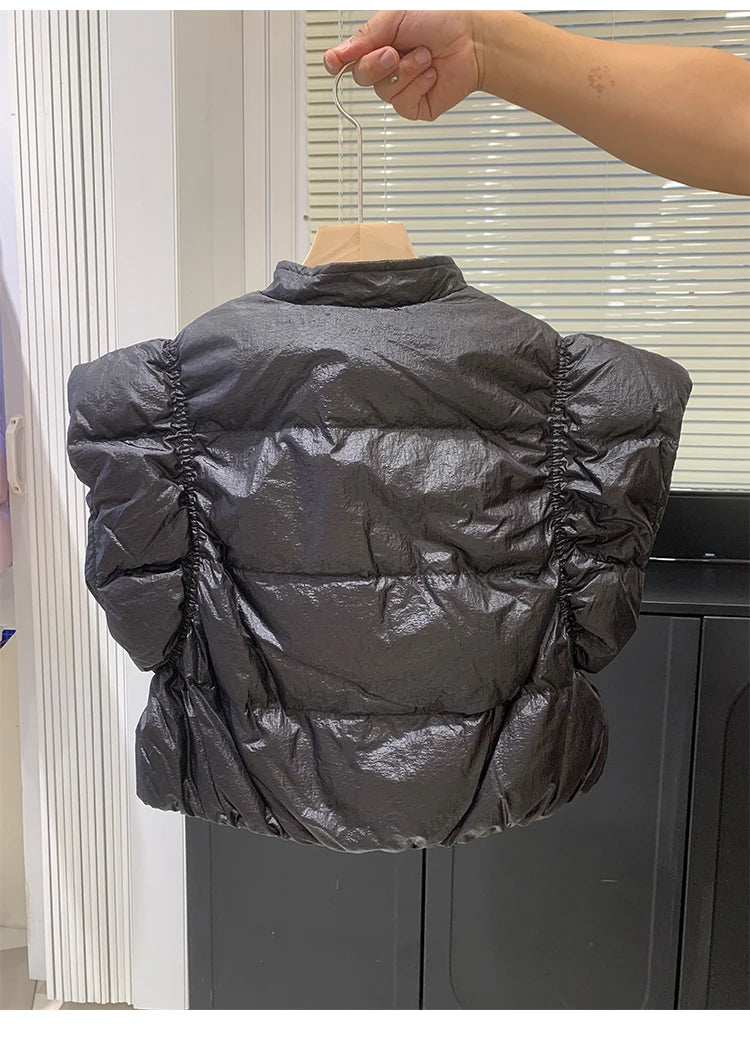 Women's Trendy Down Jacket Vest Winter Chic Sleeveless Zip Coat Round Neck Cropped Warm Waistcoat Female Spring 2024 New
