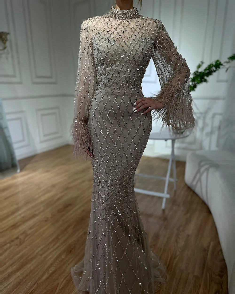 Serene Hill 2024 Saudi Caramel Illusion Cut Out Lace Beaded Feathers Mermaid Evening Dresses Gowns for Formal Occasion LA72394A