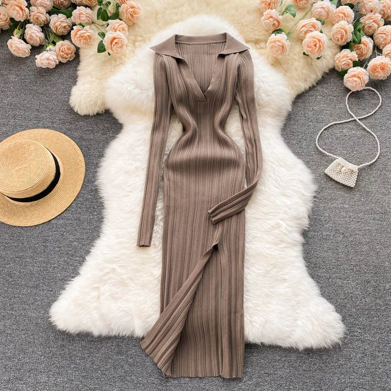 Women Chic Elegant Long Sleeve Split Bodycon Midi Dress Sexy French Fashion Knit Wrap Vestidos Elastic Slim Pencil Sweater Dress