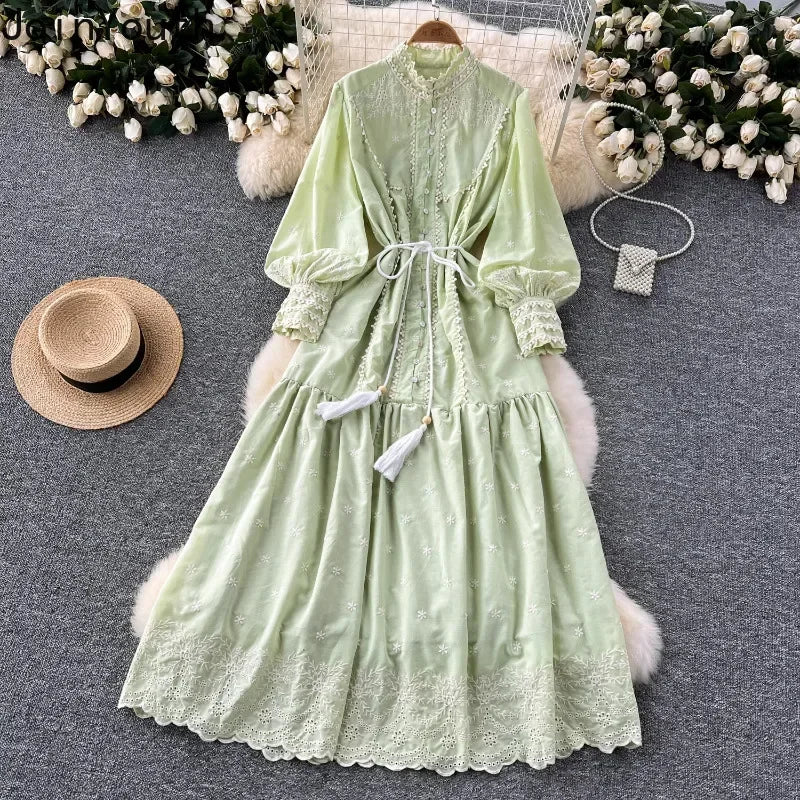 Vintage Embroidery Stand Collar Dresses for Women 2024 Summer New Robe Femme Heavy Elegant Lantern Sleeve Chic Vestido Feminino
