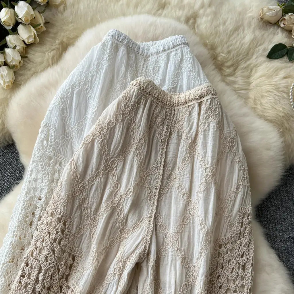 Korean Fashion Women Knitting Trousers Autumn Embroidery Splice Hollow Out High Waist Loose Casual Beach Long Wide Leg Pants New