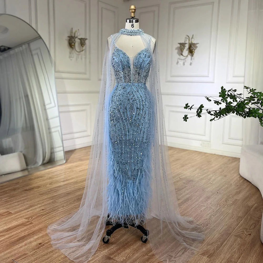 Serene Hill 2024 White Nude Mermaid Wedding Party Dresses with Beaded Feathers Luxury Cape Sleeves Prom Party Gowns LA72047A