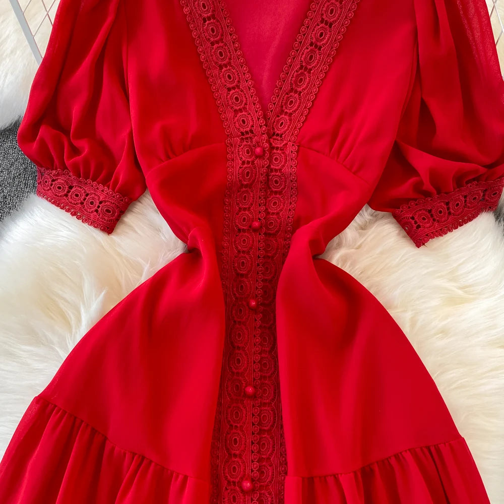 New Women Vintage Party Dress Summer Puff Sleeve Sexy V Neck Lace Single-breasted Long Dresses Ladies A Line Elegant Long Robe