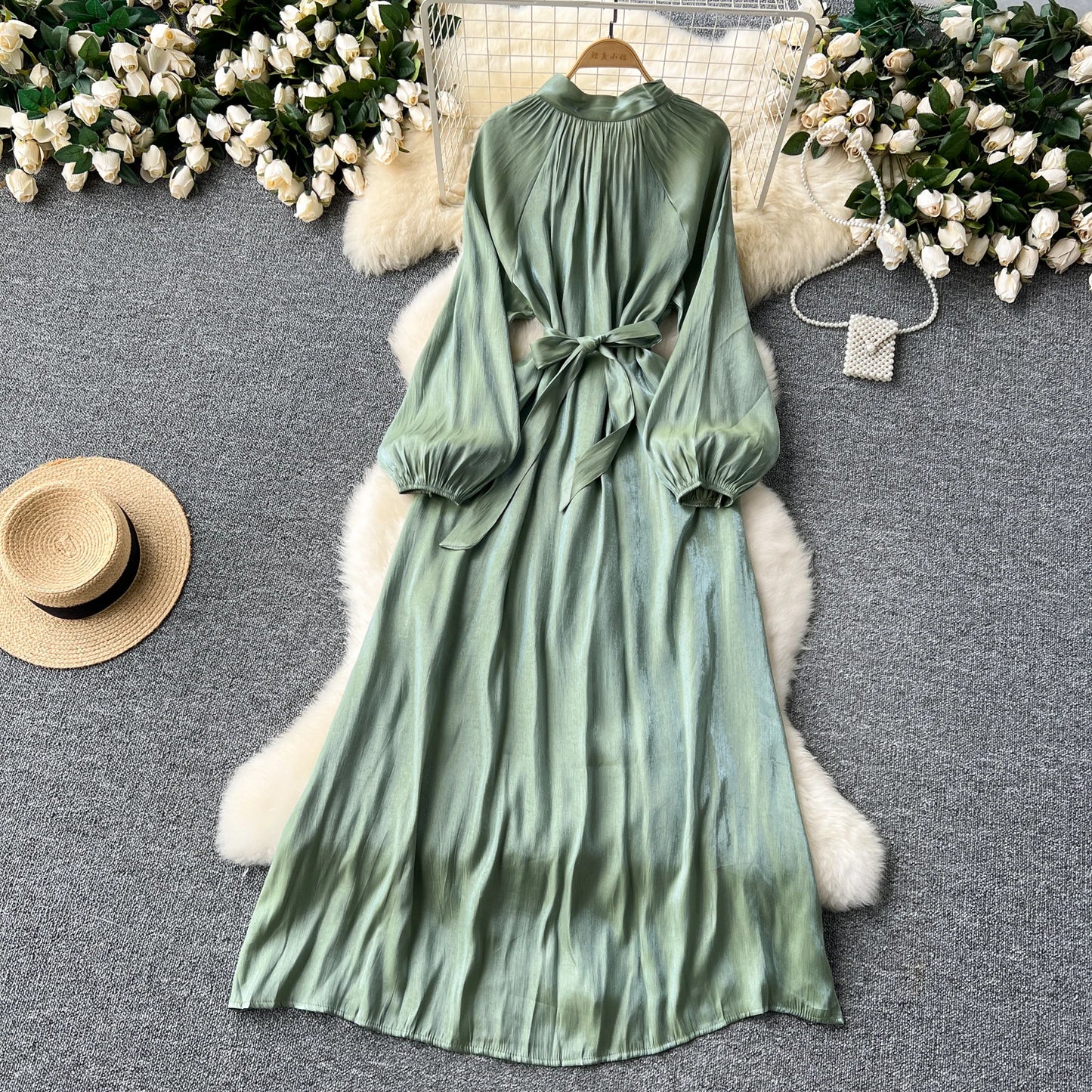 French Vintage Pleated lool sleeve print Lace-up Bow sweet Dress Casual Women Fashion summer dresses
