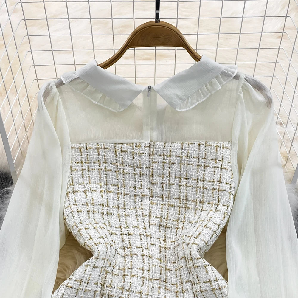 Autumn Fashion New Women Tweed Plaid Mini Dress Elegant Chiffon Patchwork Long Sleeve Dresses Female Casual One Piece Clothes