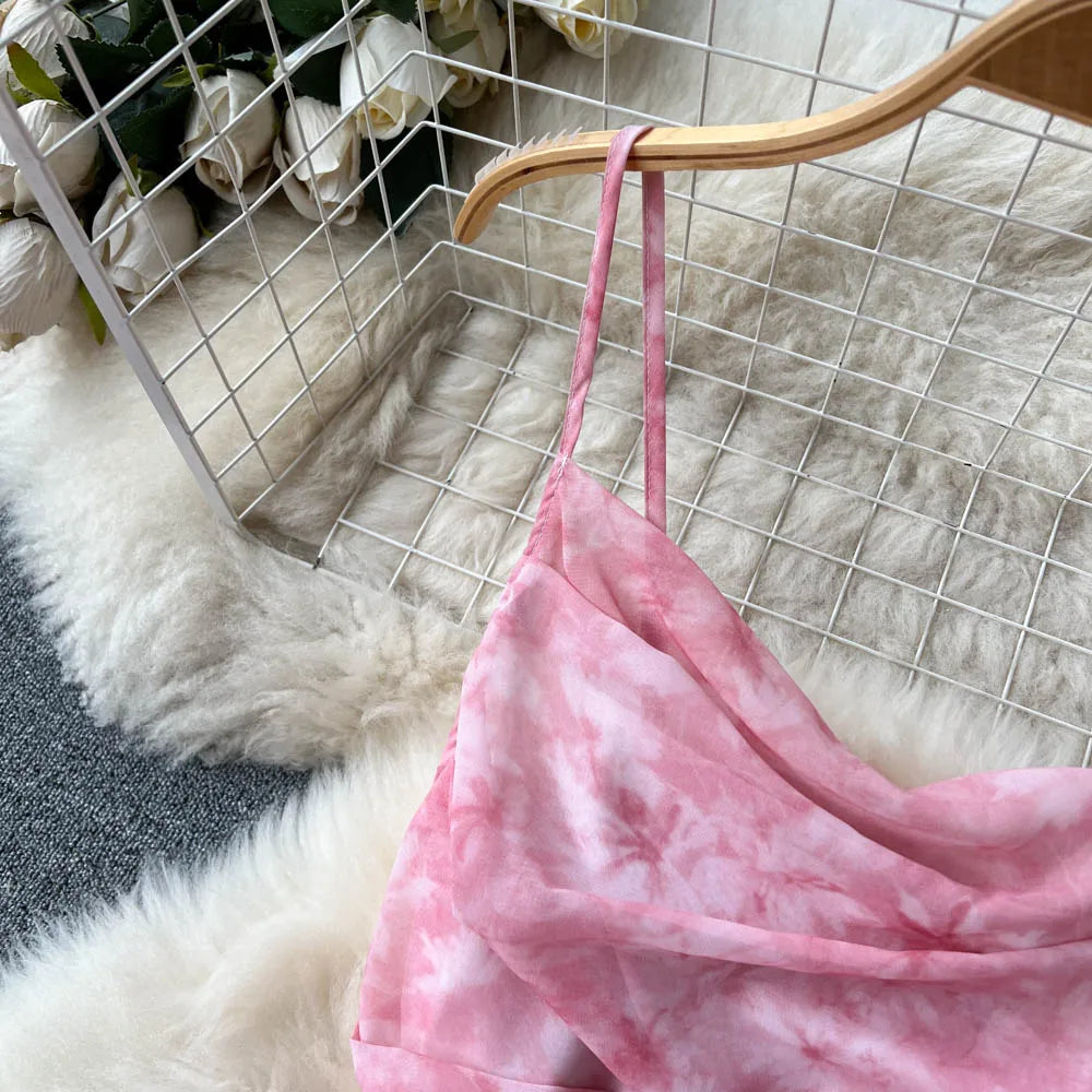 Women Pink Beach Dress Summer Sleeveless Hollow Out High Waist A-line Floral Printing Chiffon Dresses Ladies Casual Long Robe