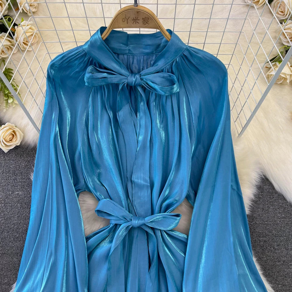 Autumn Elegant Women Fashion Party Long Dress Bow Lace Up Long Sleeve Evening Dresses A-Line Casual Vestidos One Piece Prom Robe