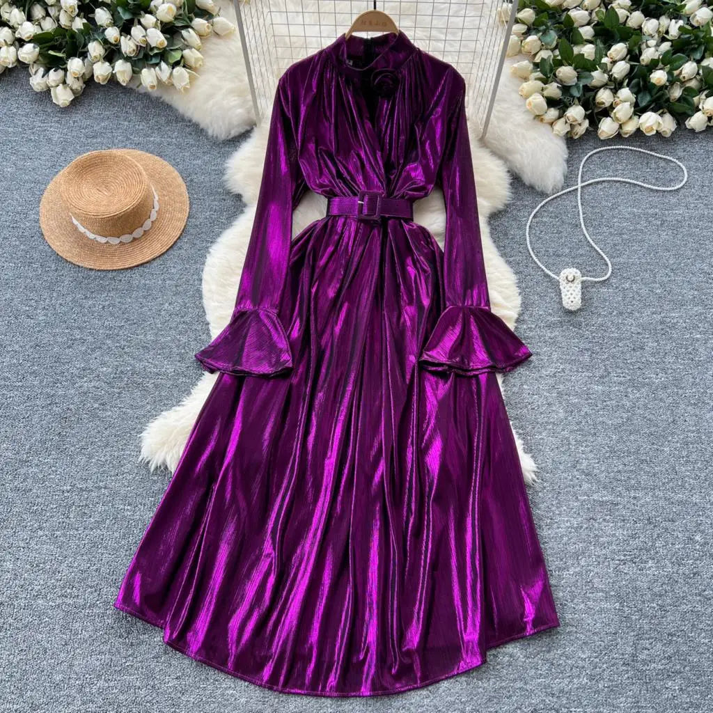Autumn Vintage Pleated Women Long Dress Elegant Stand Collar Solid A-Line Party Prom Vestidos Female Birthday Clothes Mujers