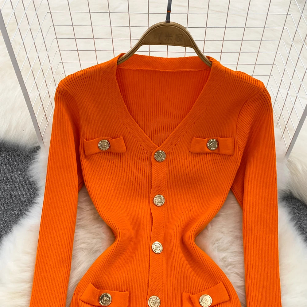 Sexy Split V-neck Long Sleeve Bodycon Dress Chic Elegant Evening Party French Fashion Knit Vestidos Women Autumn Pencil Dress