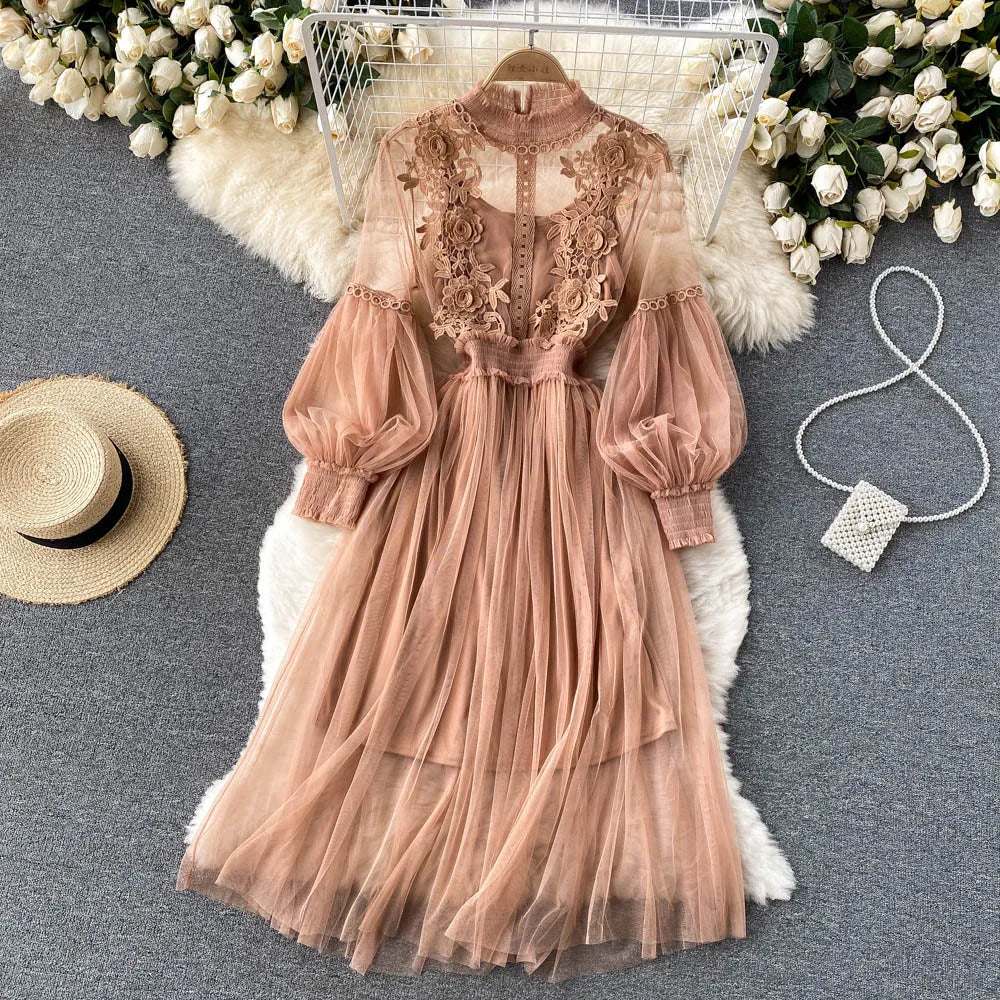 Retro Elegant Mesh Pleated two pieces Dress sets Sexy Fairy puff sleeve Summer Casual Vestidos Slim Women Evening Party Dress