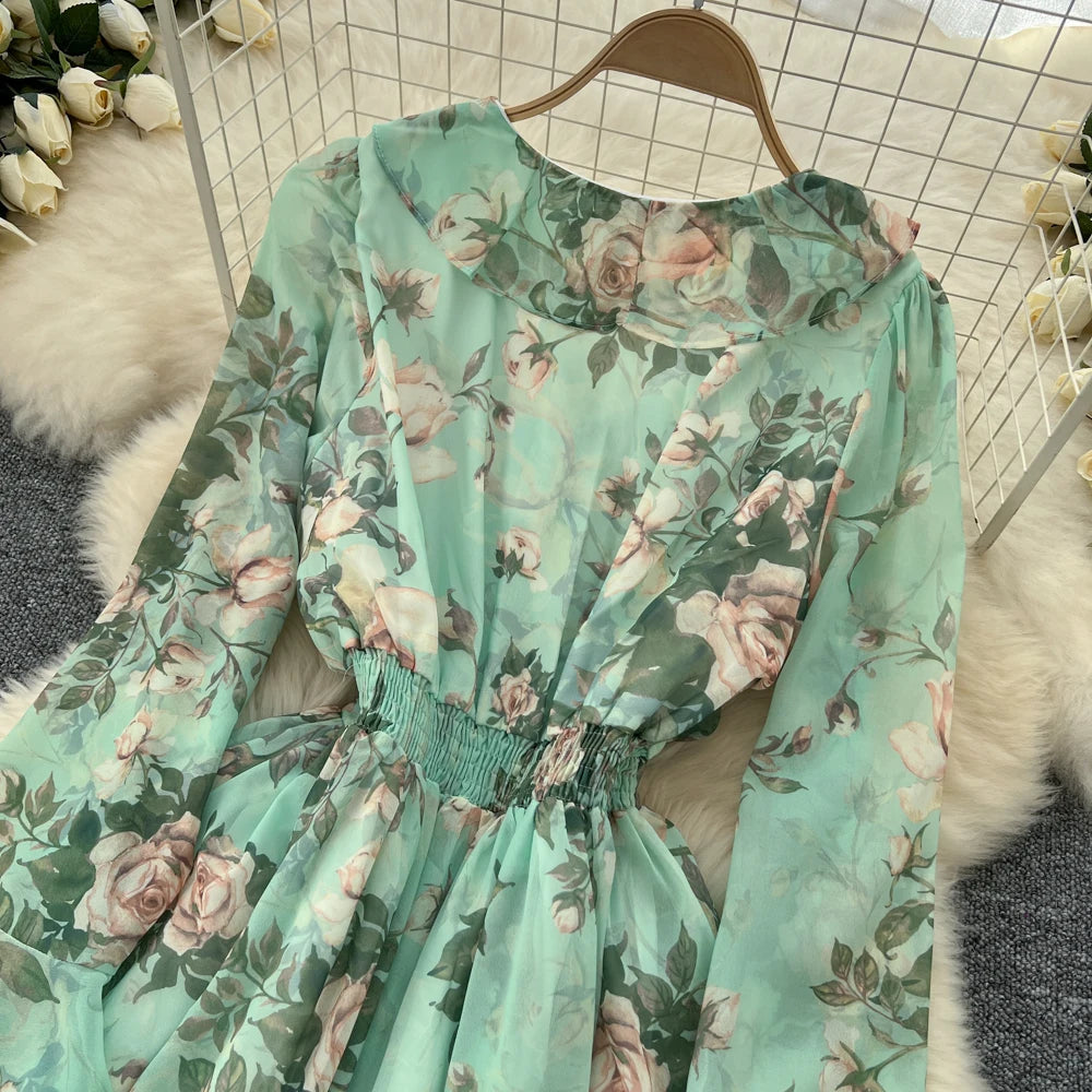 Women Elegant Floral Print Dress for Women Vintage V-Neck Long Sleeves Chiffon Slim A-Line Vestidos Mujer Autumn Female Clothes