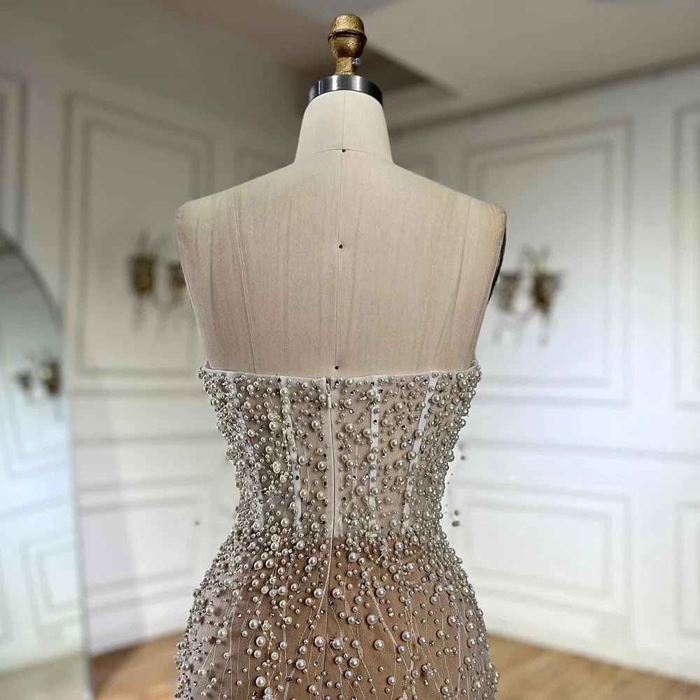 Serene Hill 2024 Arabic White Nude Mermaid Gown Pearls Beading High Split Luxury Dubai Evening Dress for Women's Party LA72544