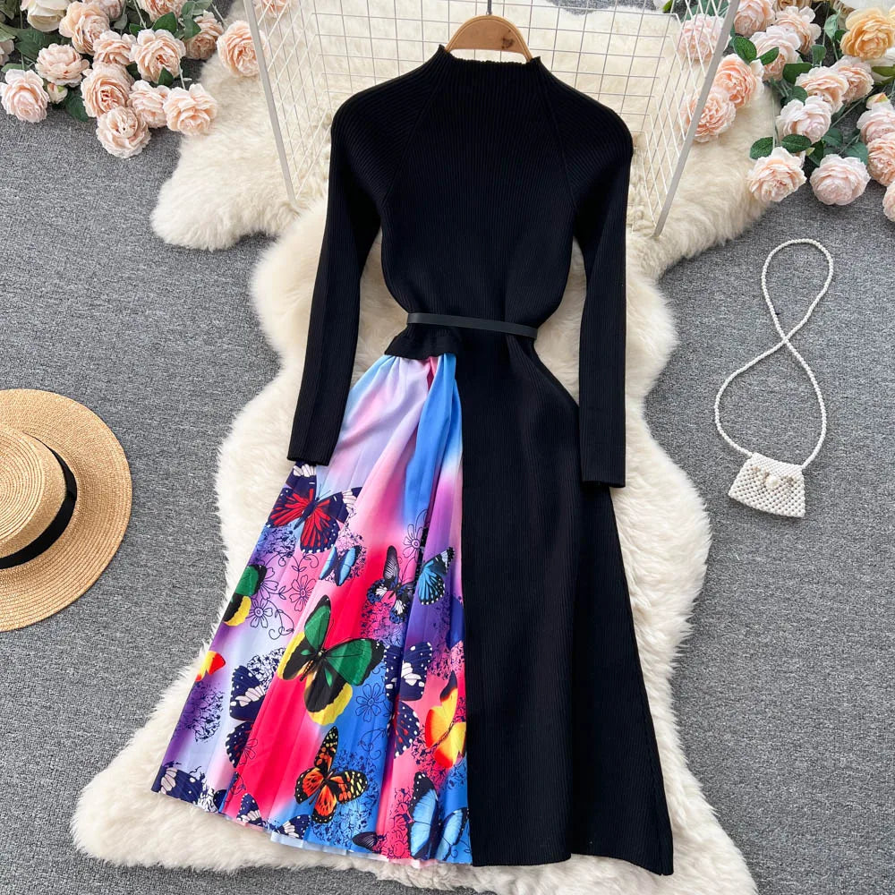 Elegant Chic Print Patchwork Knit Dress French Long Sleeve Party A-line Vestidos High Waist Basic Slim Women Autumn Winter Dress